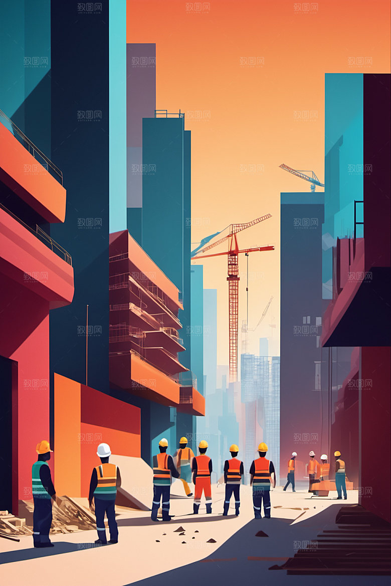 彩色工人人物工地插画