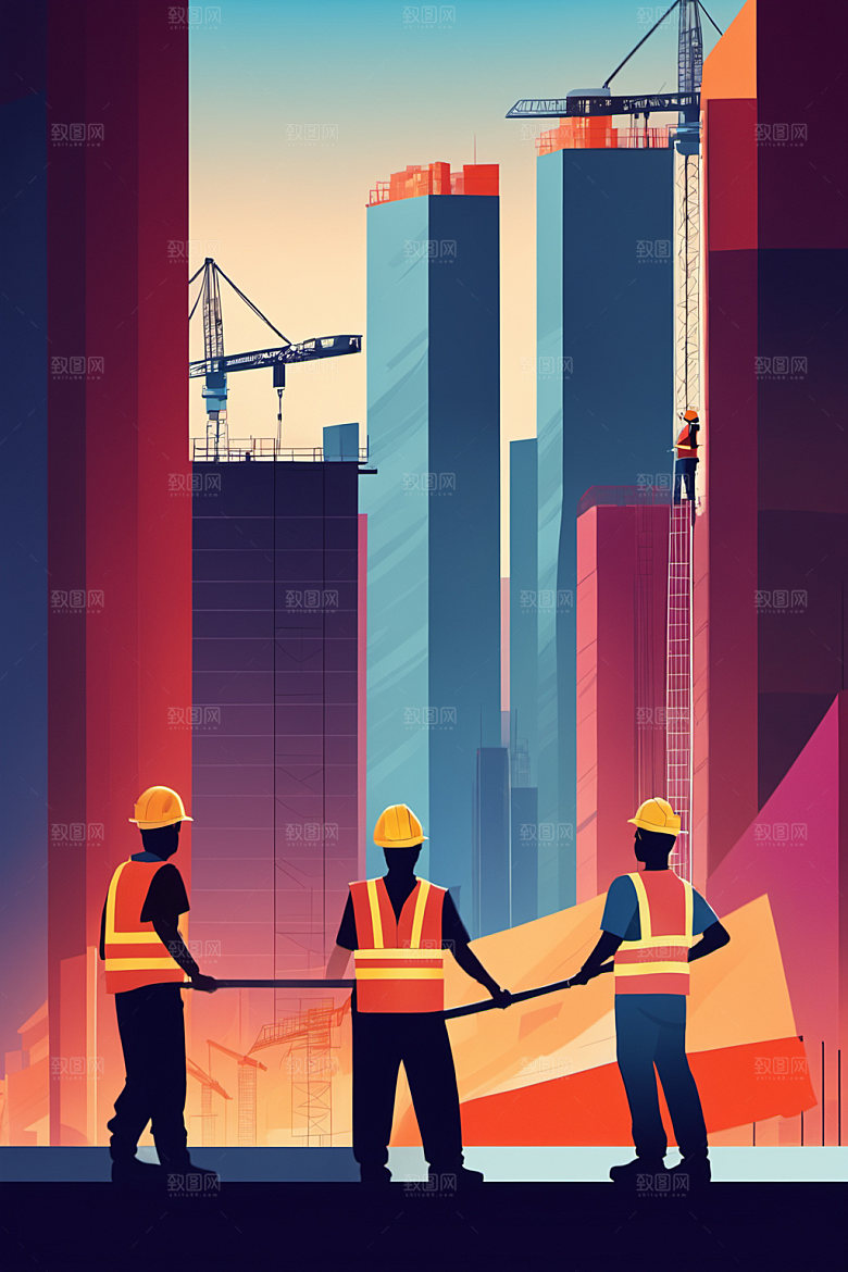 彩色工人工地建筑插画