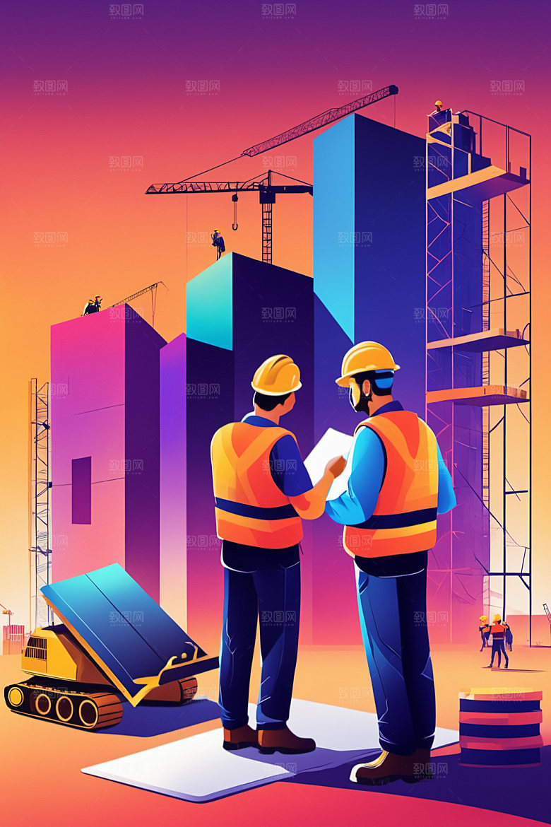 彩色工人建筑人物插画