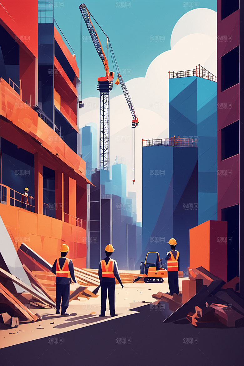 彩色工人风格化建设插画