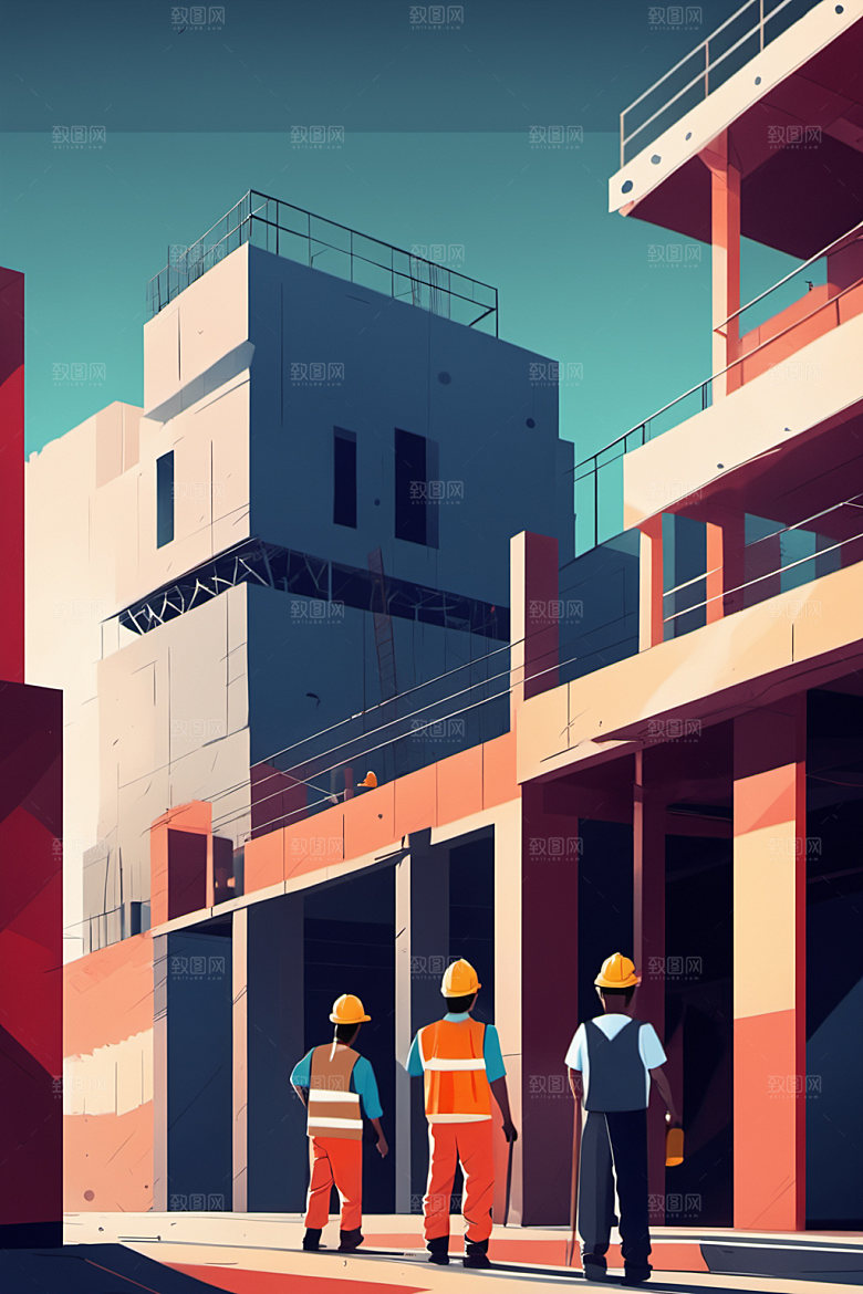彩色工人工厂建设插画