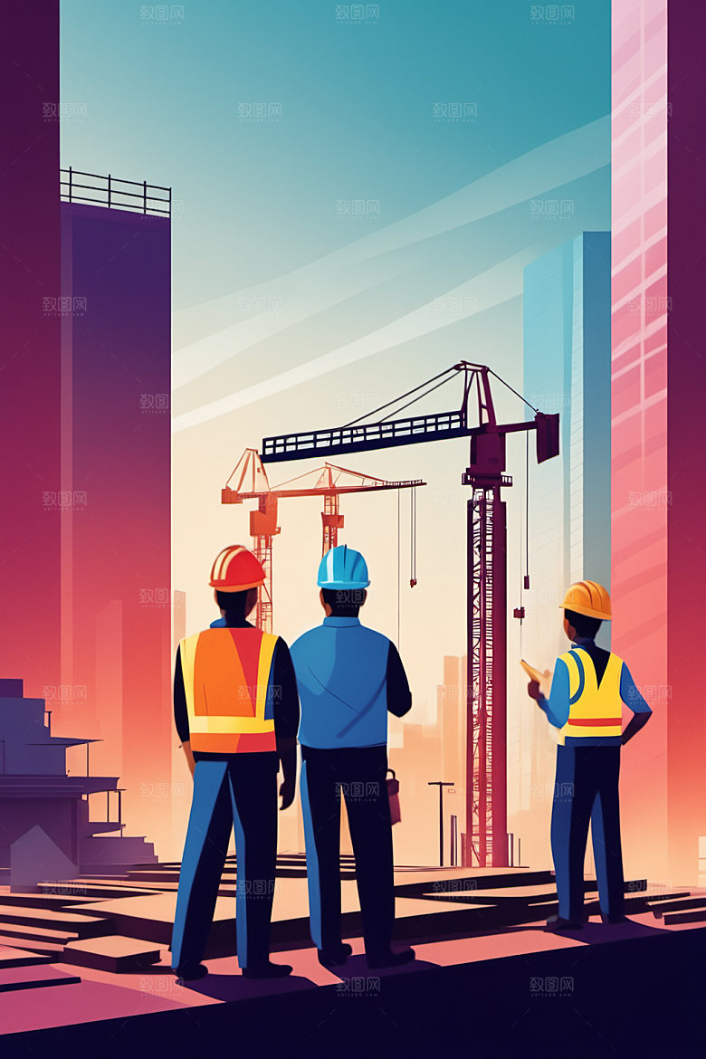 彩色工人人物建筑插画
