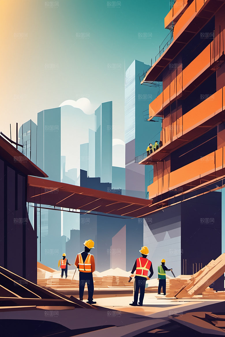 彩色工人风格化建筑插画