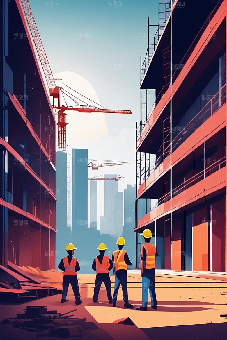 彩色工人人物建筑插画