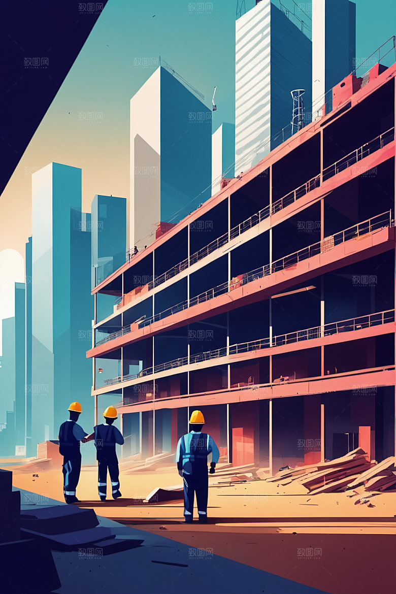 彩色工人涂鸦建筑插画