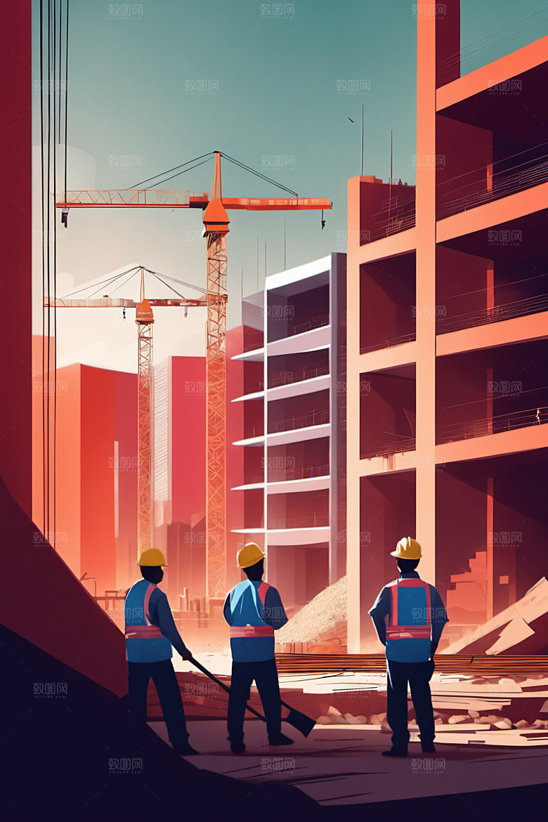 彩色工人建筑工地插画