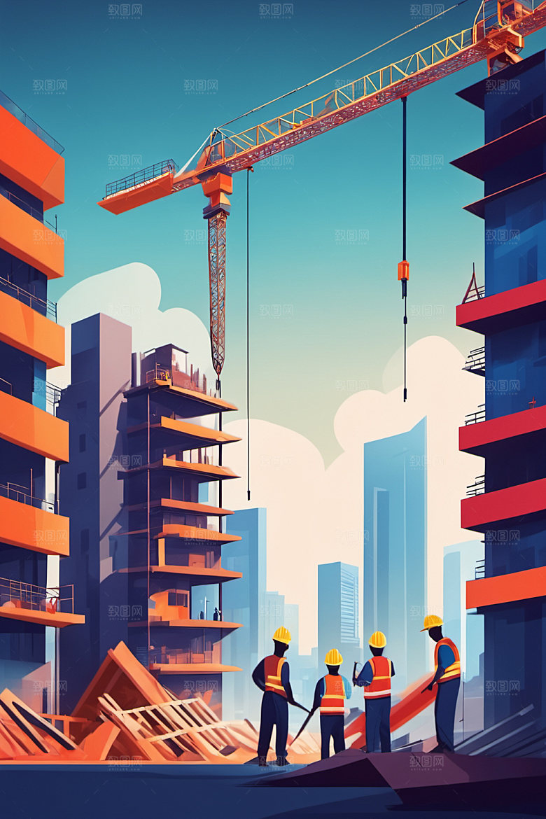 彩色工人建筑艺术插画