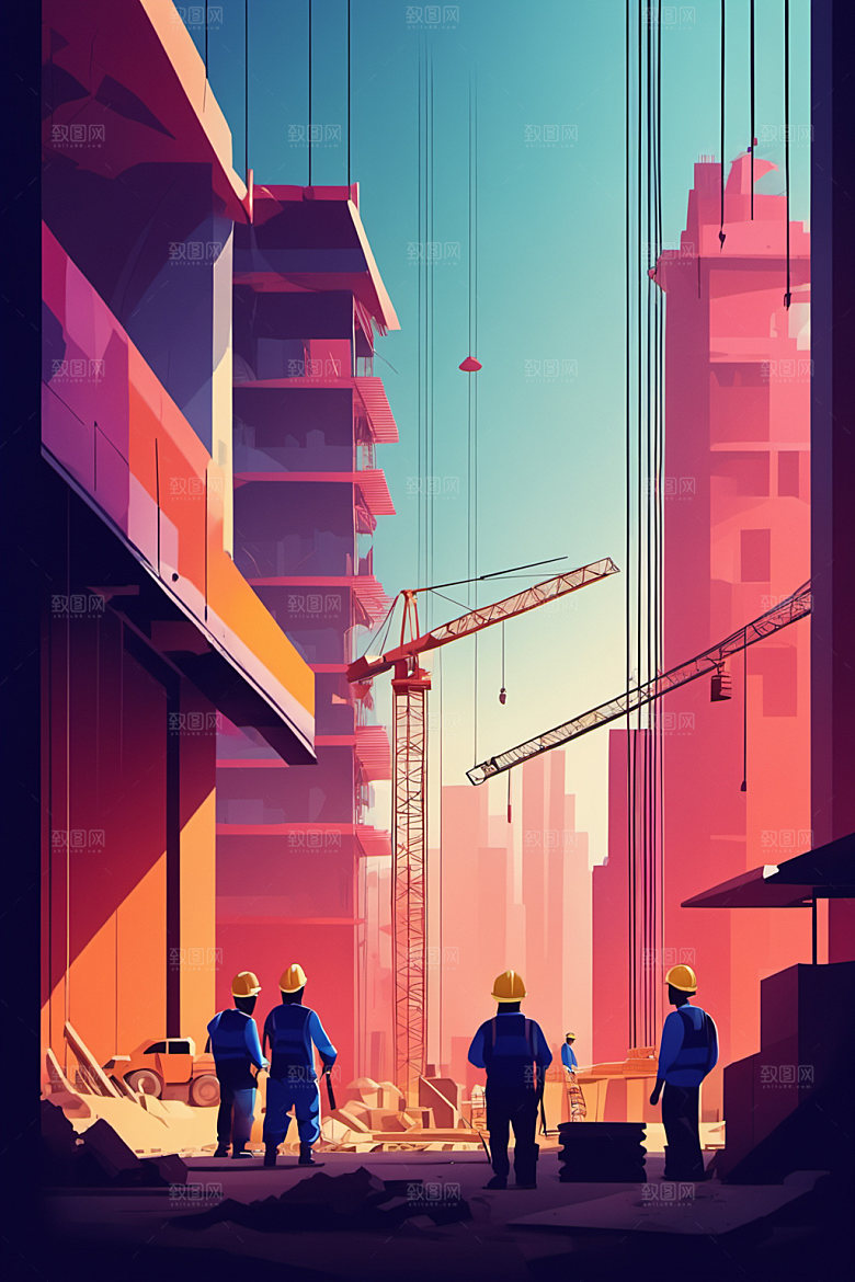 彩色工人生产建设插画