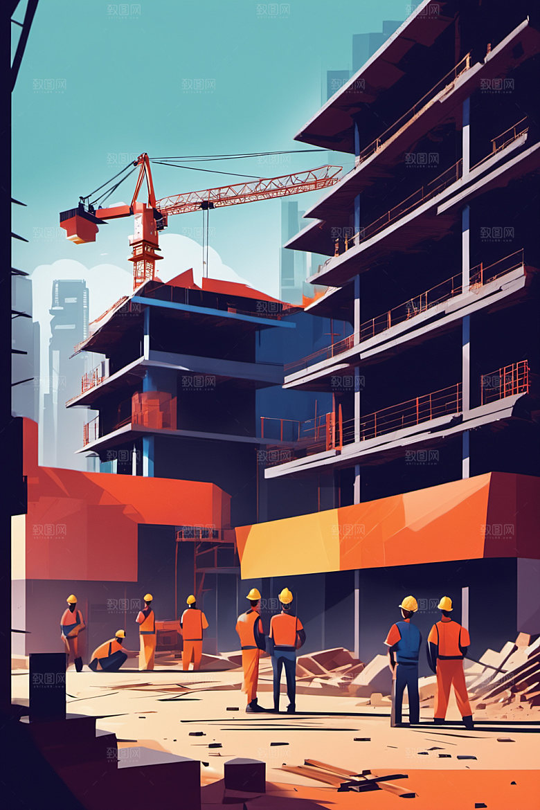 彩色工人建筑生产插画