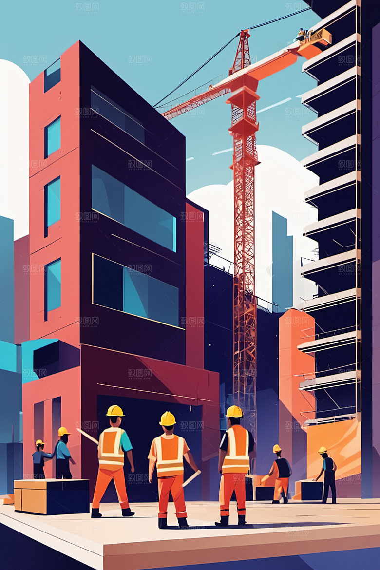 彩色工人建筑人物插画