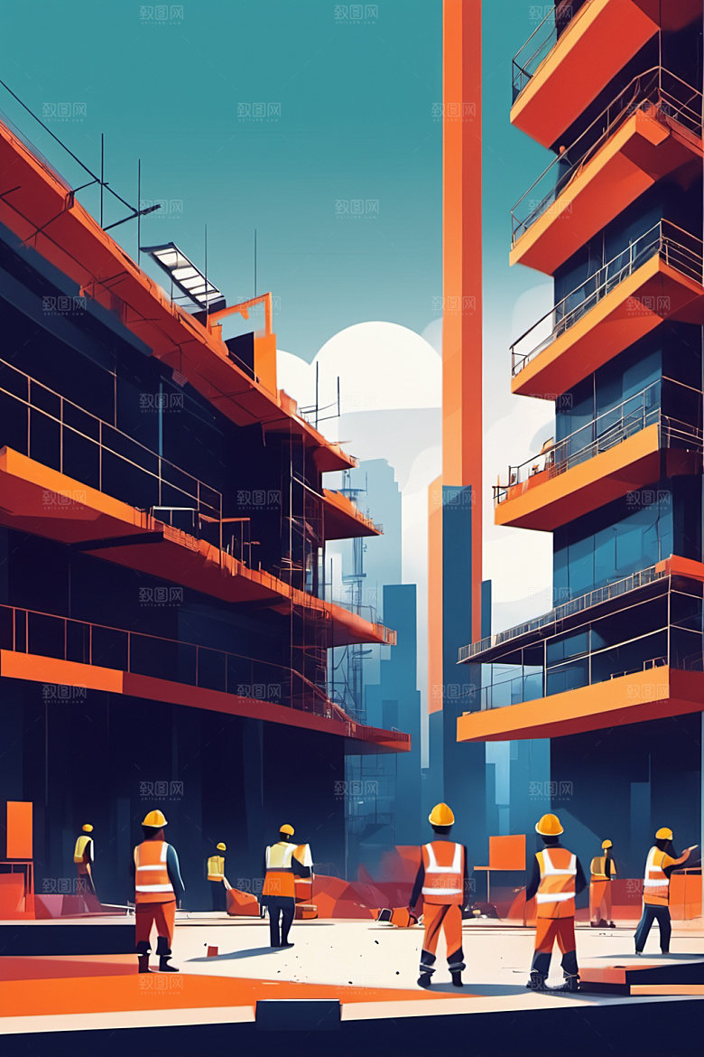 彩色工人建设工地插画