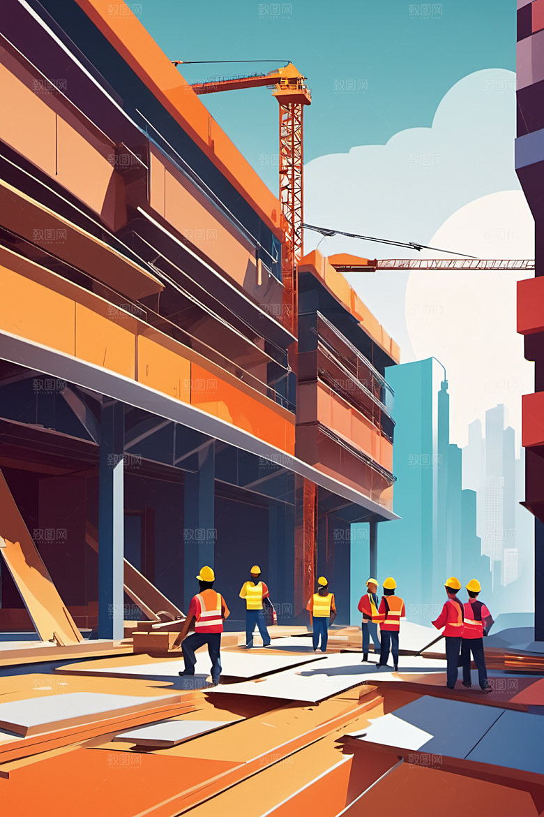 彩色工人工地建设插画