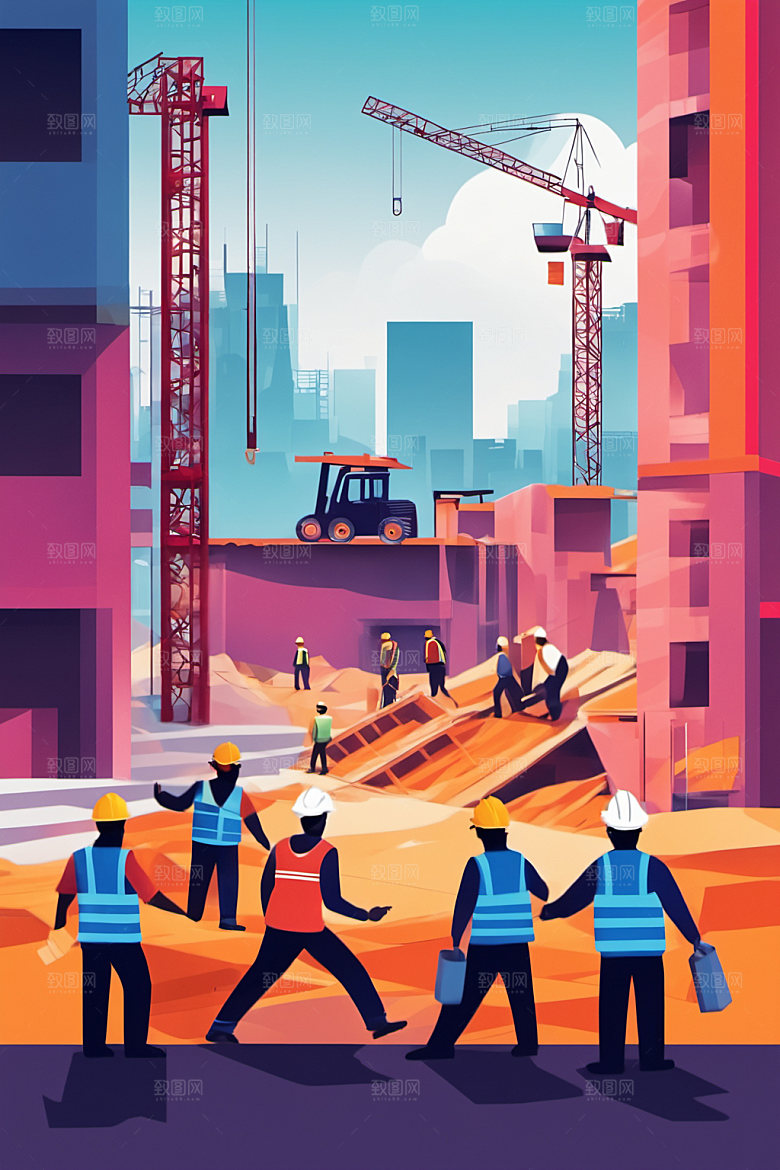 彩色工人建设人物插画