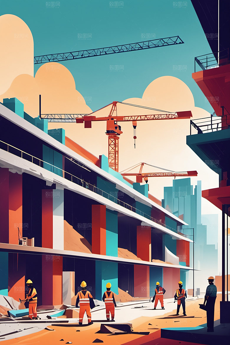 彩色工人建设建筑插画