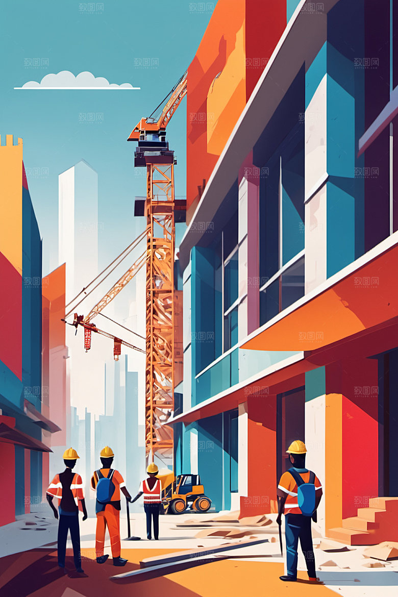 彩色工人建筑人物插画