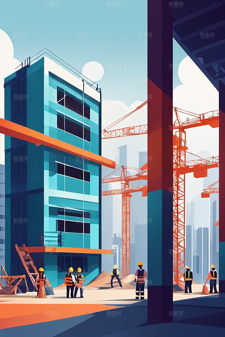 彩色工人建筑工厂插画
