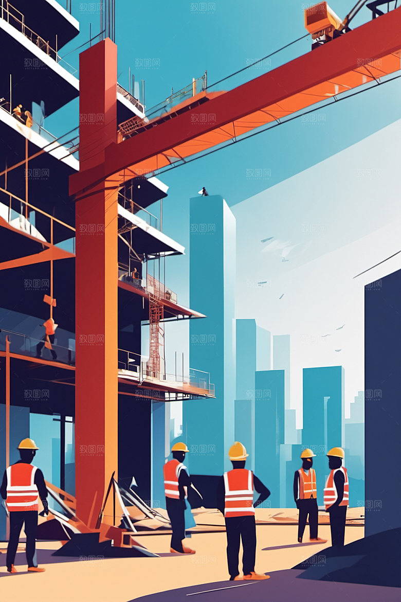 彩色工人风格化建设插画