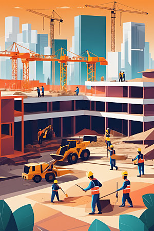 彩色工人建设建筑插画