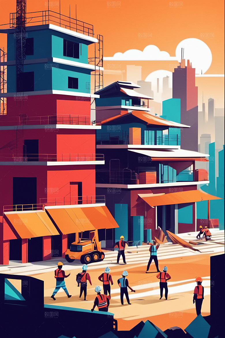 彩色工人艺术建设插画