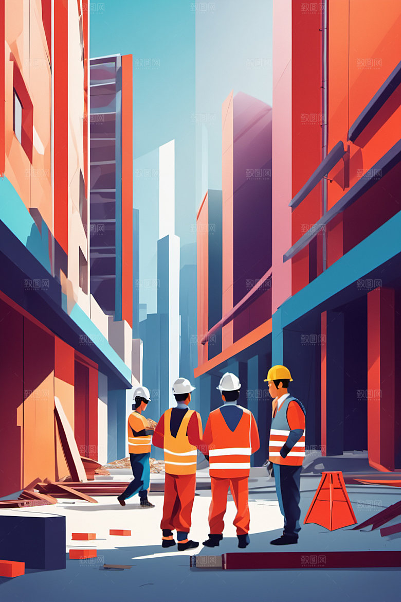 彩色工人人物建筑插画