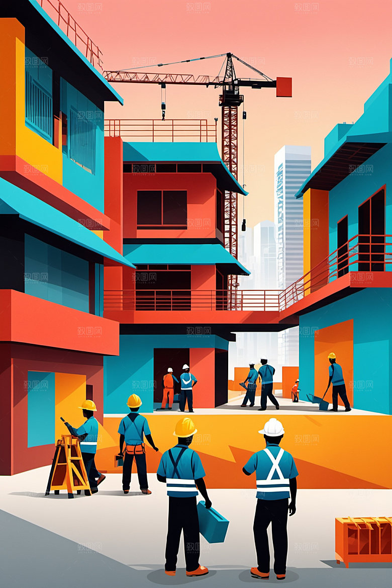 彩色工人建筑风格化插画