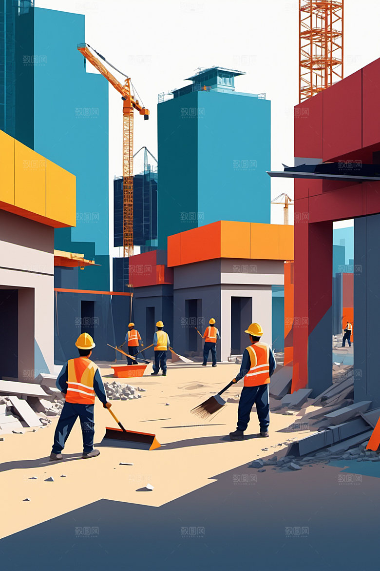 彩色工人工地建设插画