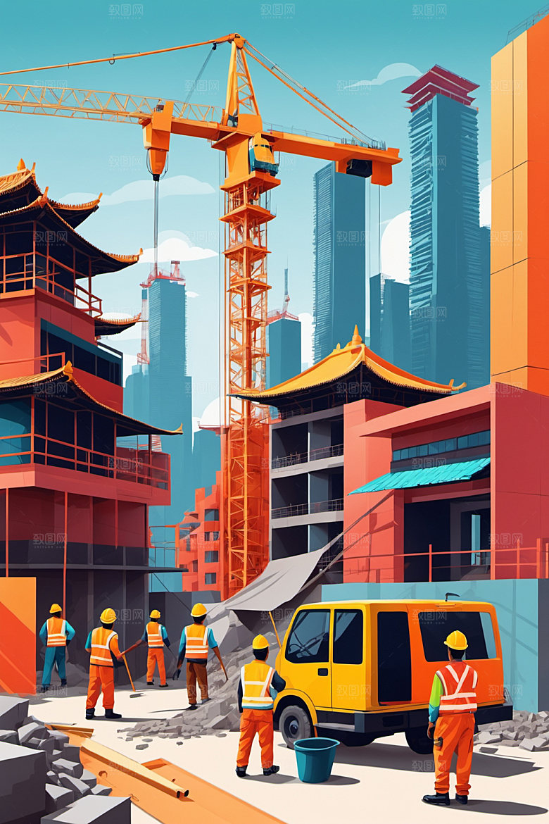 彩色工人风格化工厂插画