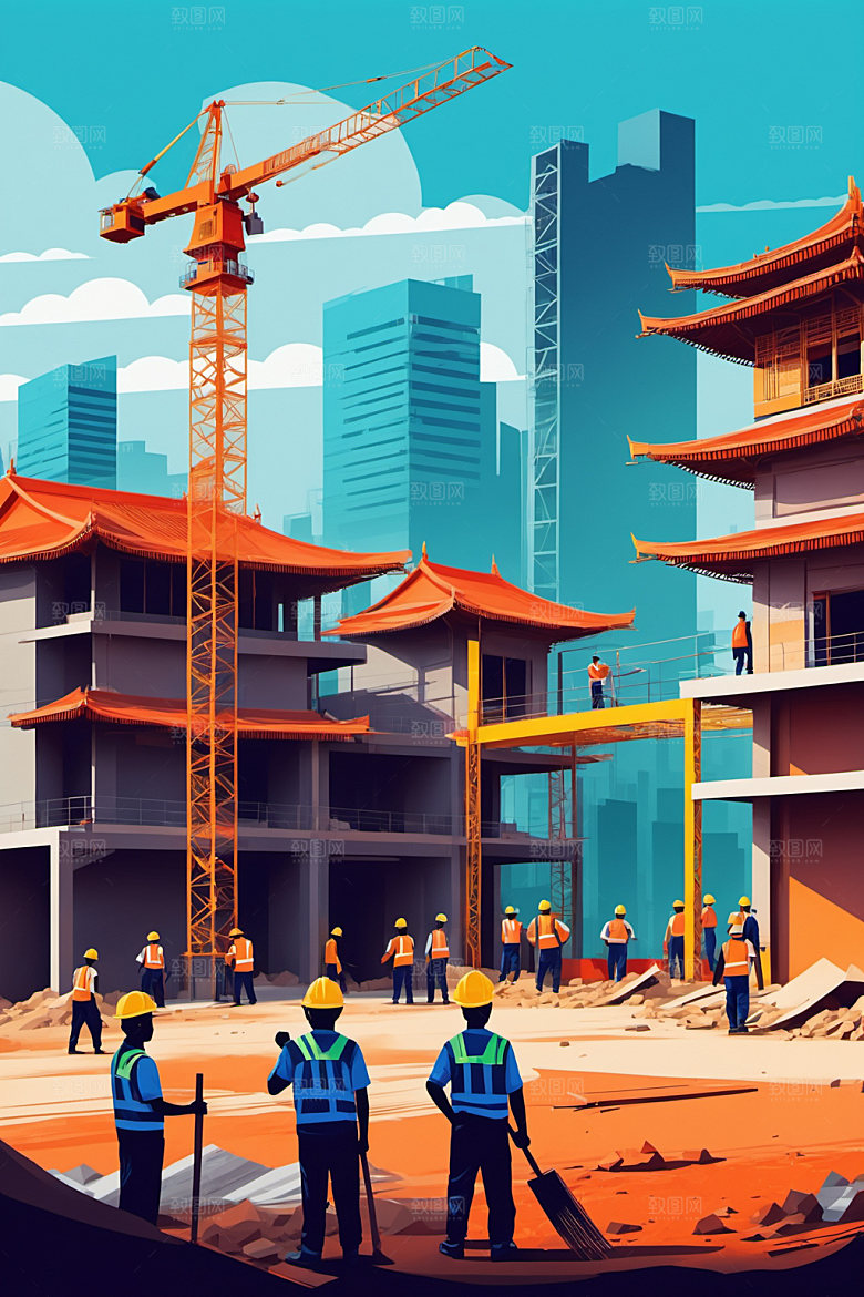 彩色工人风格化人物插画