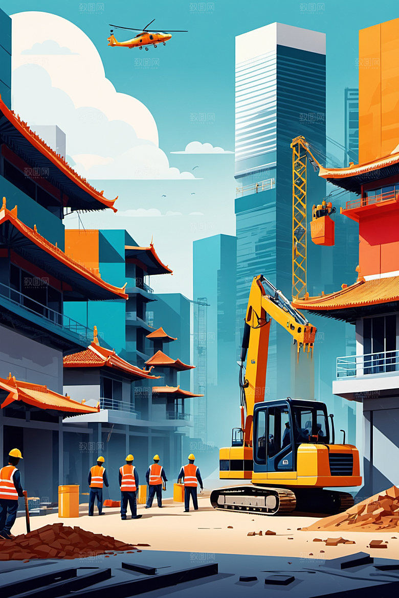彩色工人建设人物插画
