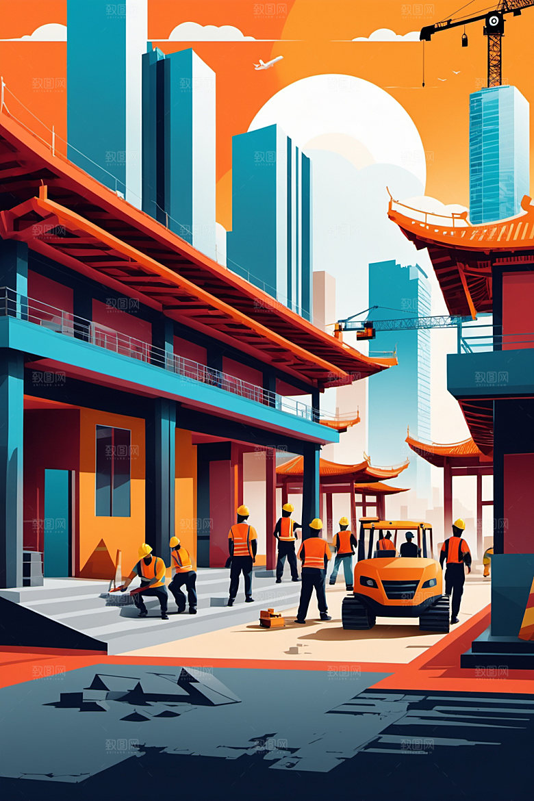 彩色工人风格化生产插画