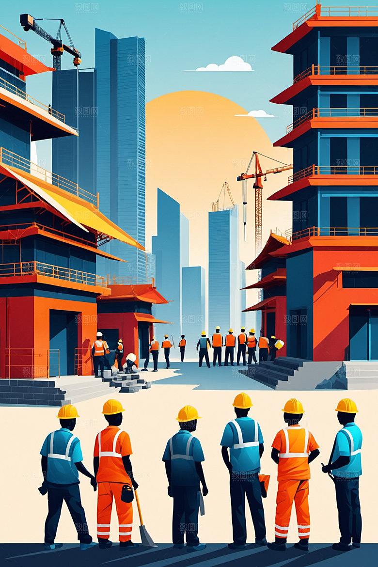 彩色工人建设艺术插画