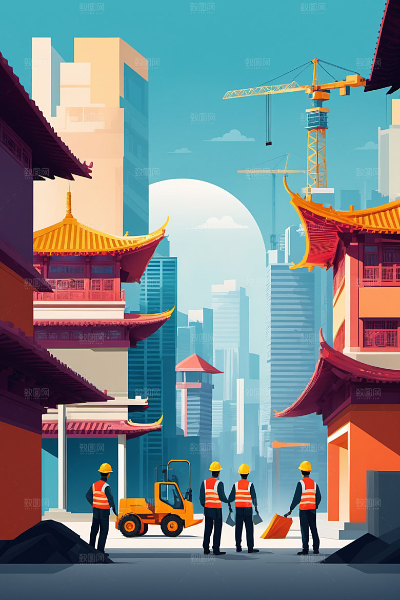 彩色工人工厂工地插画
