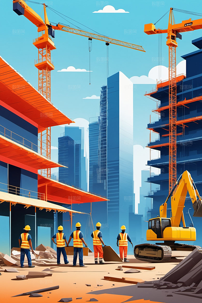 彩色工人建筑风格化插画