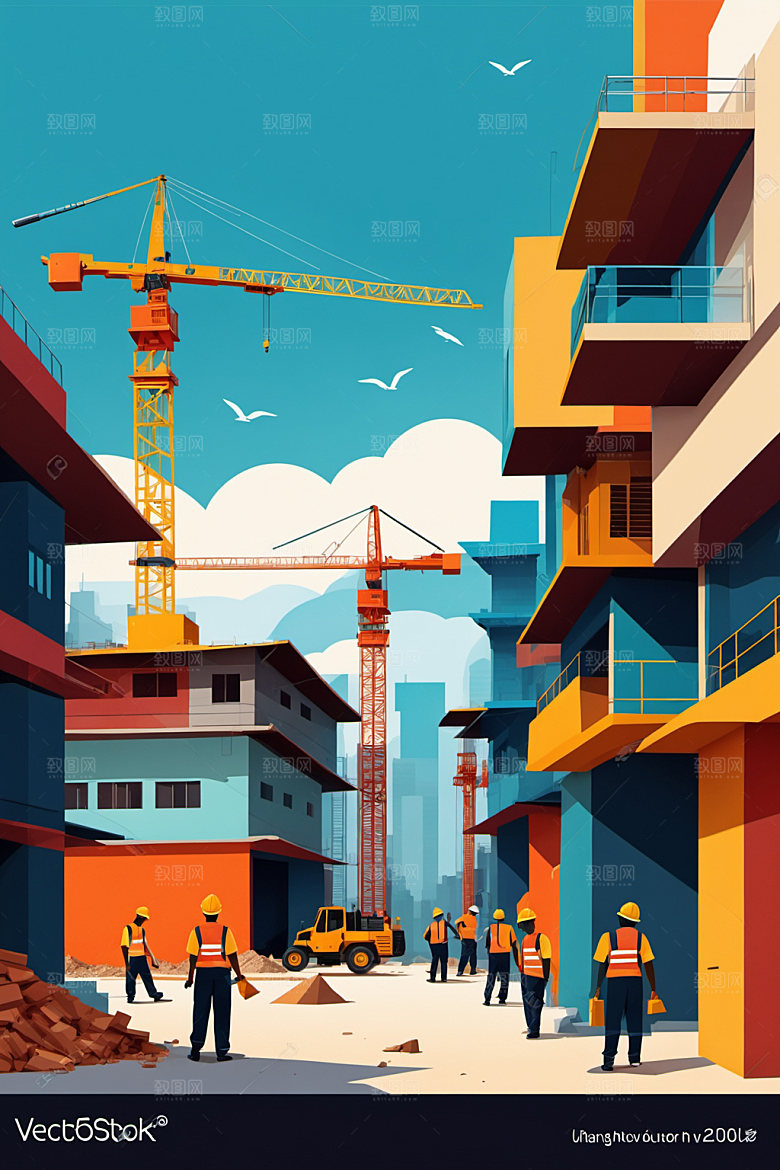彩色工人工厂建筑插画
