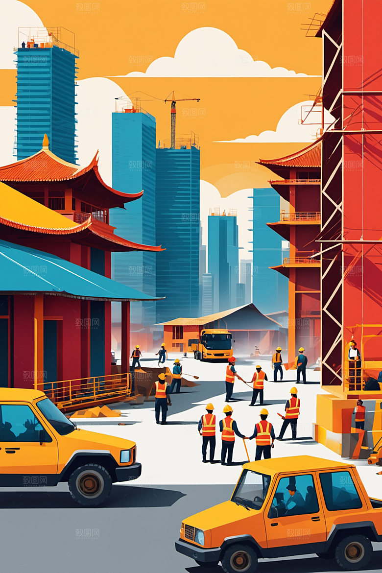彩色工人工厂人物插画
