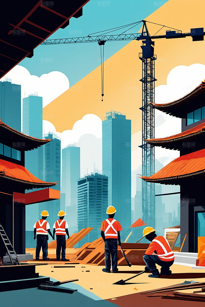 彩色工人涂鸦建筑插画