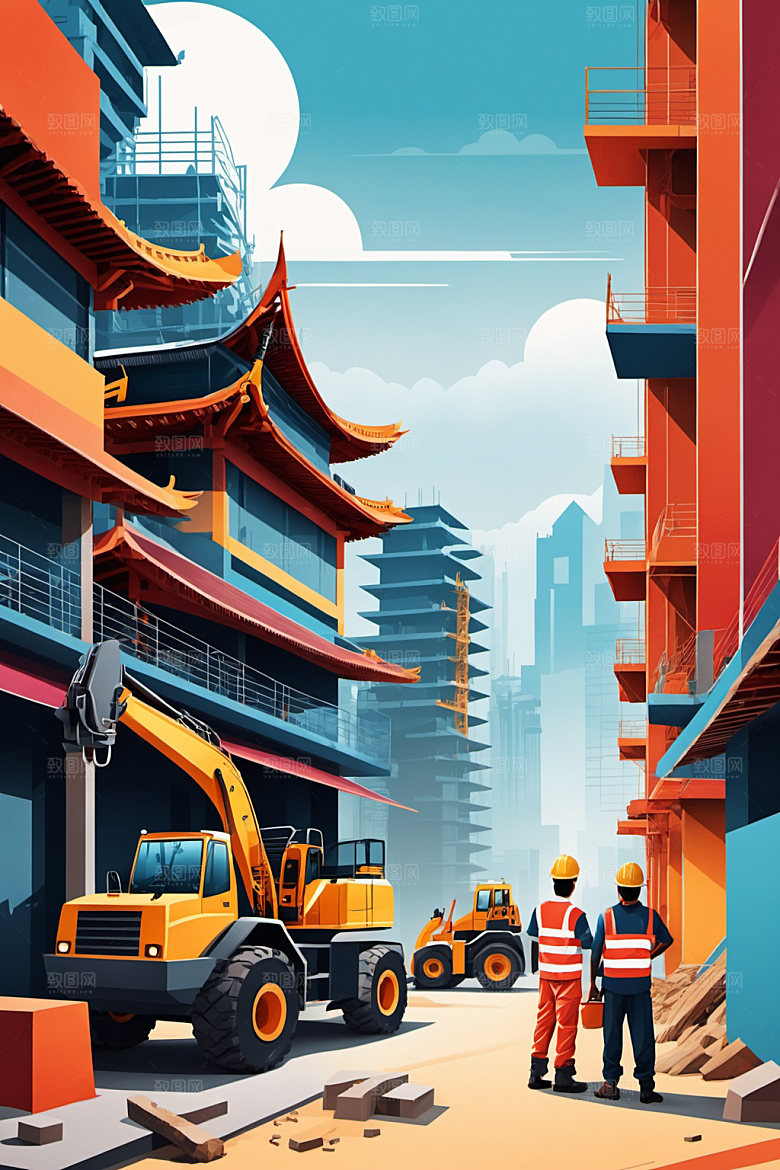 彩色工人人物建筑插画