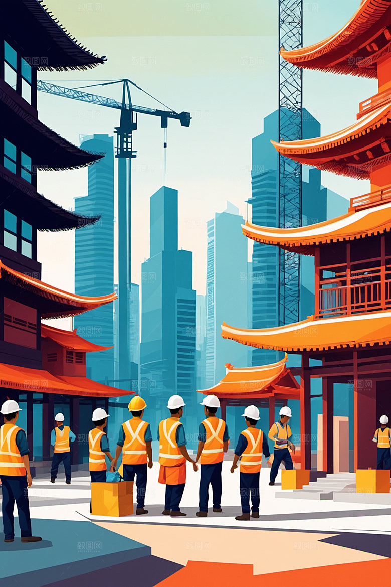 彩色工人涂鸦工地插画