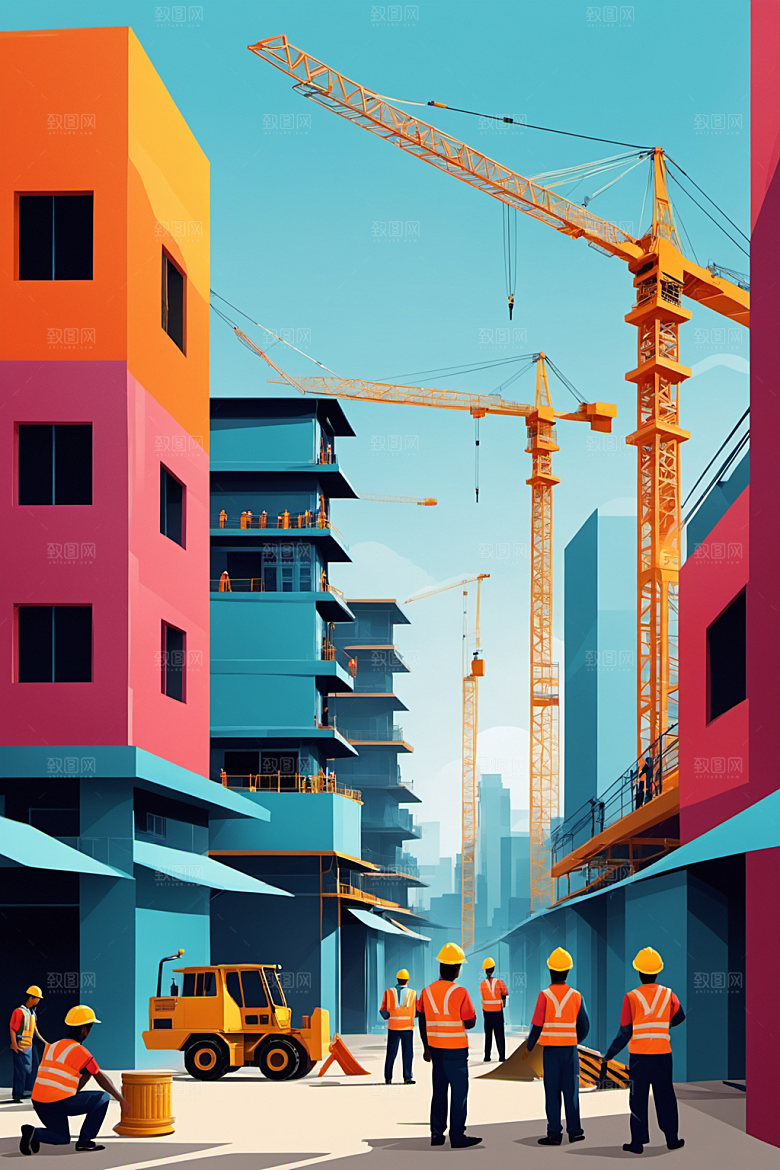 彩色工人工厂建筑插画