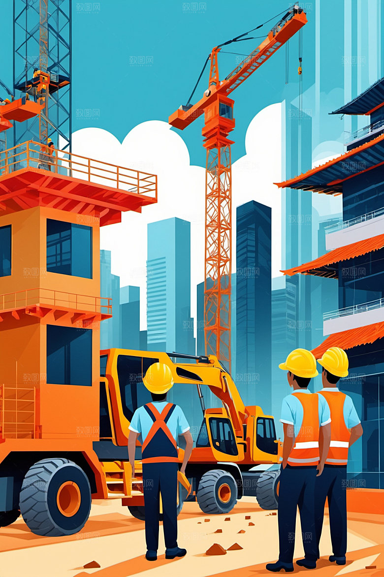 彩色工人人物建筑插画