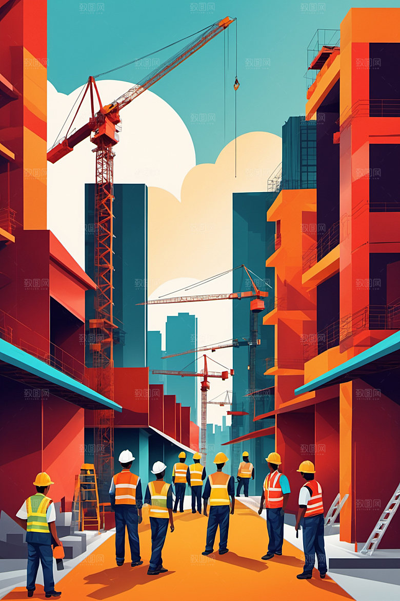 彩色工人人物建筑插画