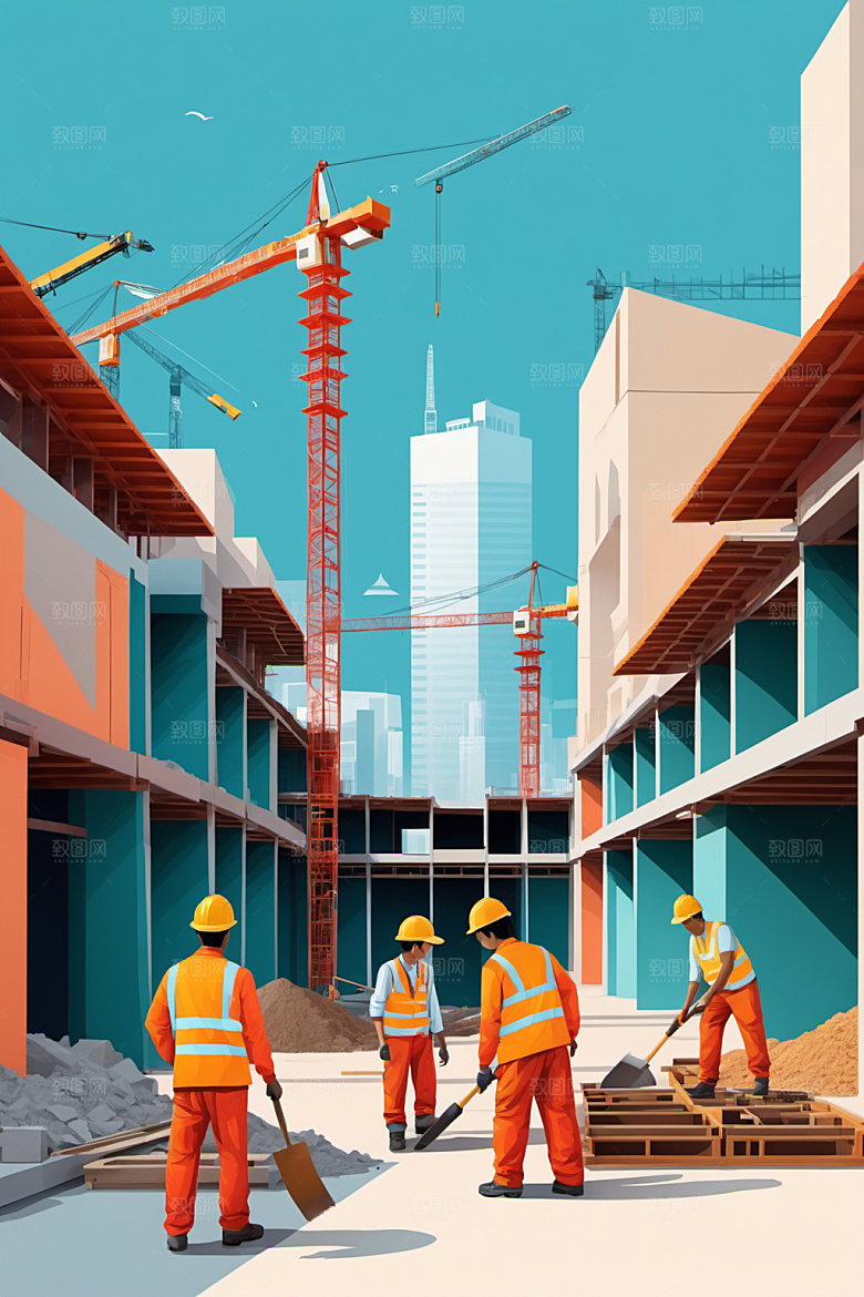 彩色工人建筑涂鸦插画