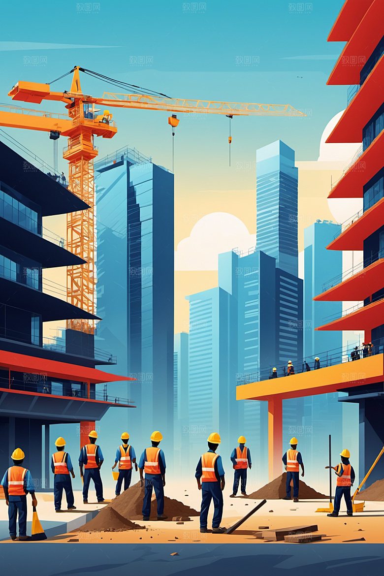 彩色工人建设工地插画