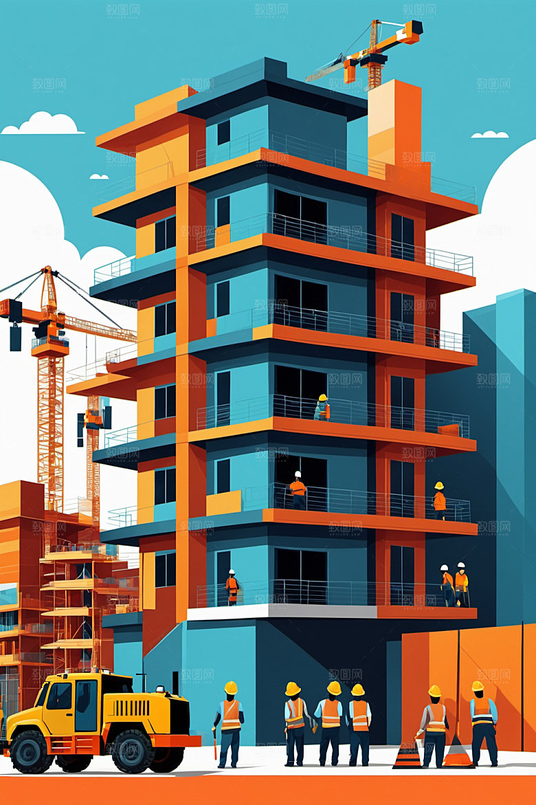 彩色工人工地建筑插画