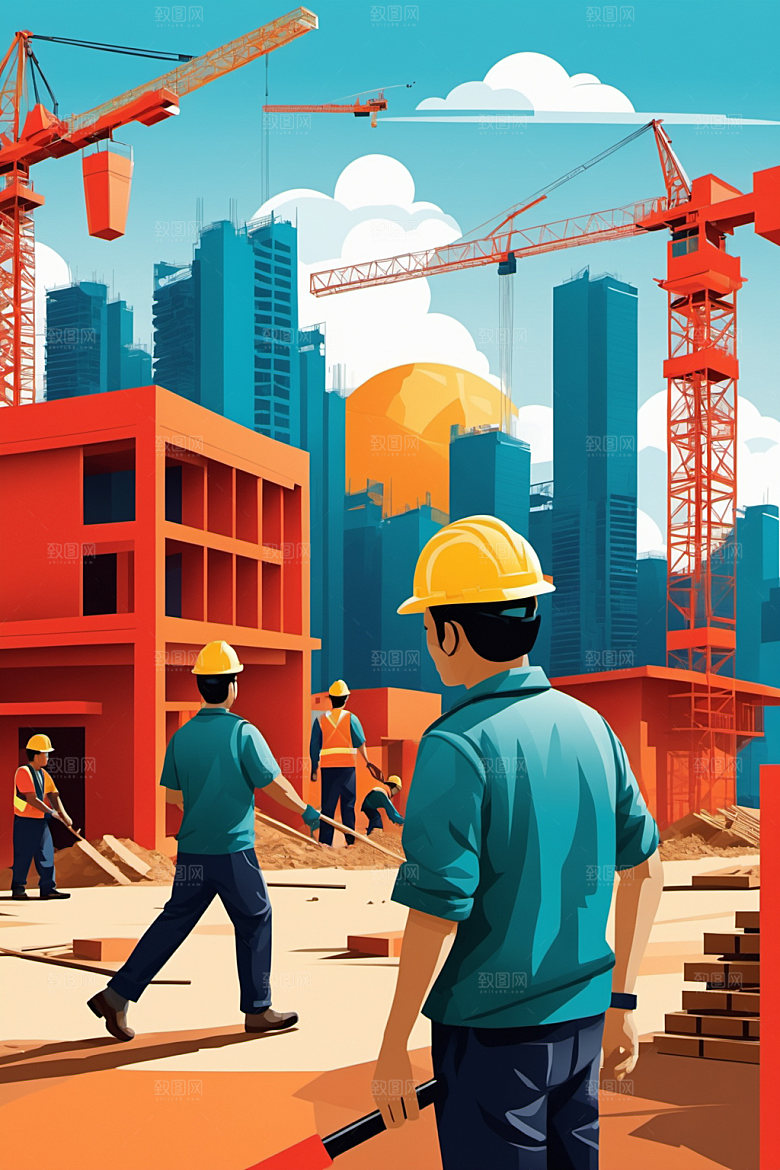 彩色工人建筑建设插画