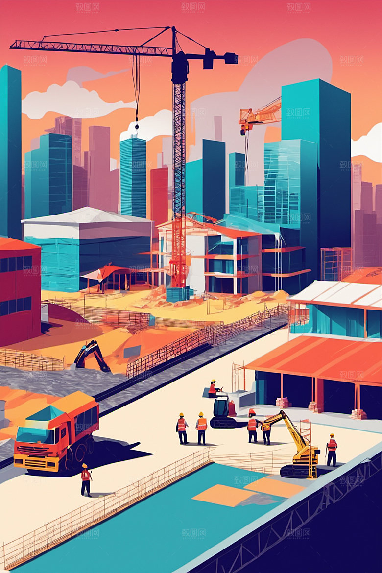 彩色工人建设风格化插画
