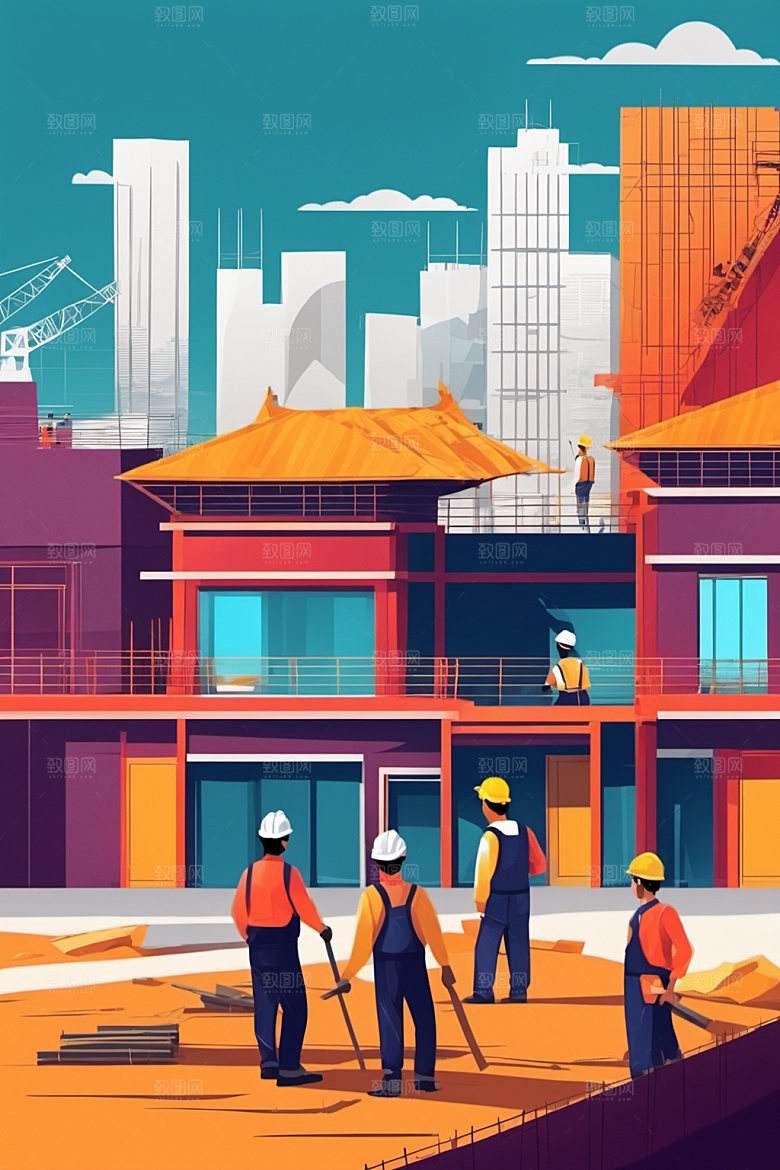彩色工人艺术建设插画