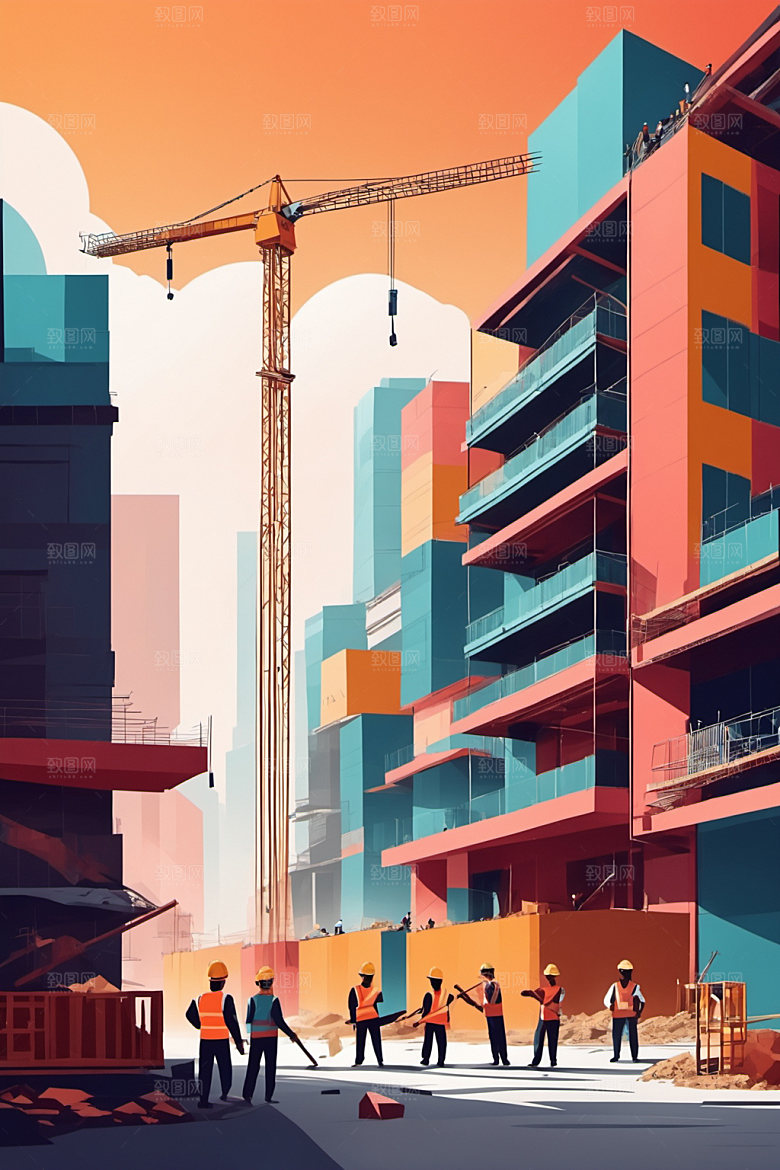 彩色工人建设艺术插画