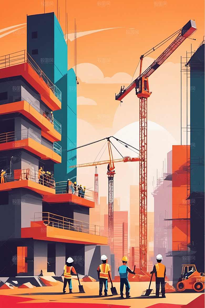 彩色工人建设风格化插画