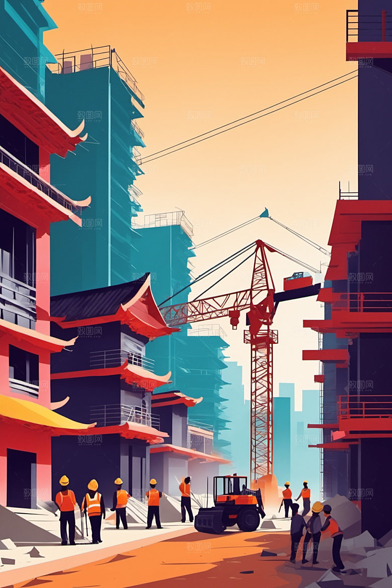彩色工人建设建筑插画